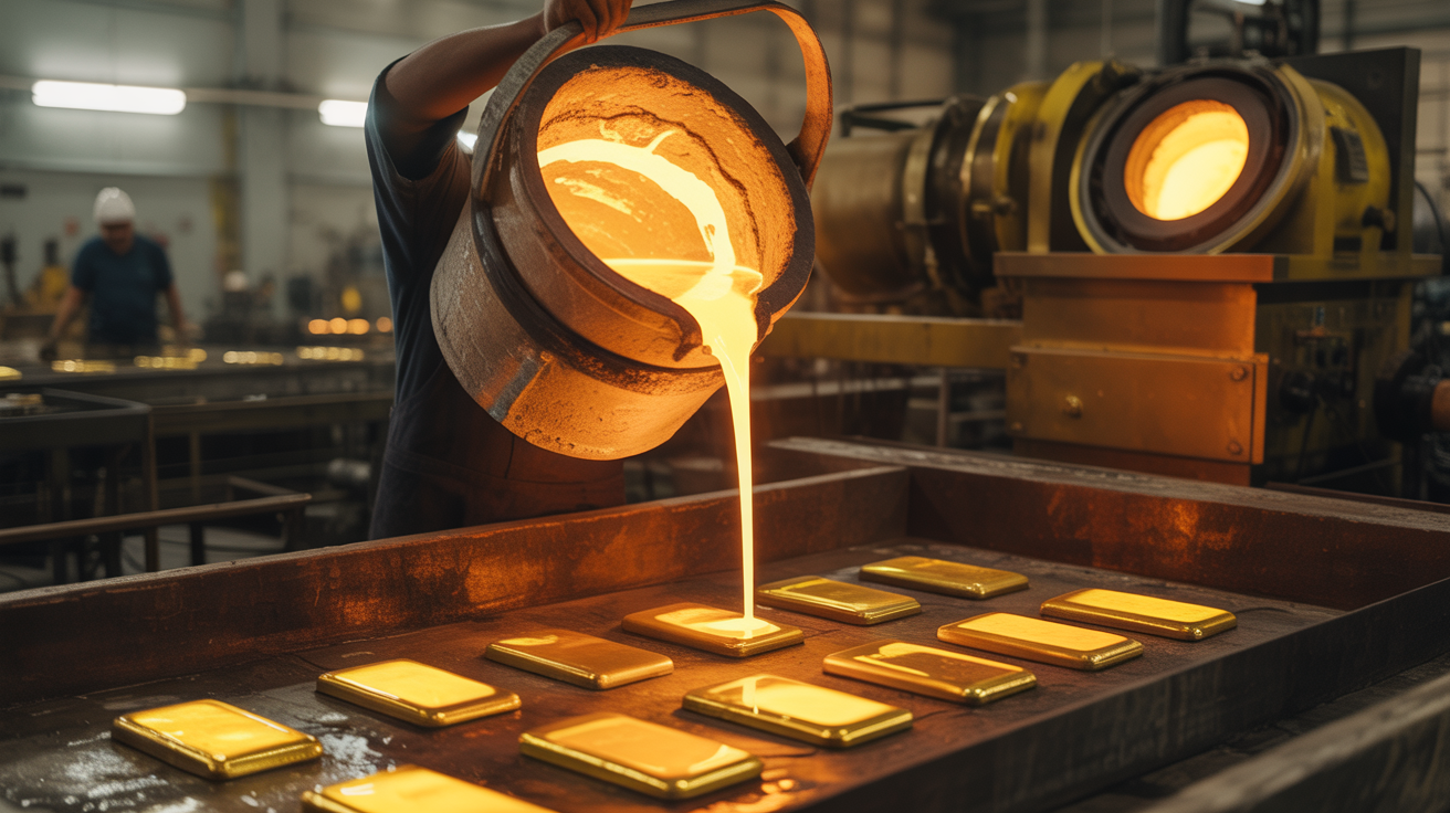 Gold refinery operations — molten gold being poured into bar molds